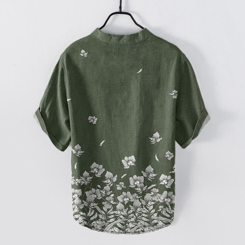 Buddha Stones Chemise à manches courtes et demi-boutonnée pour homme, en coton blanc à ourlet fleuri - image 8