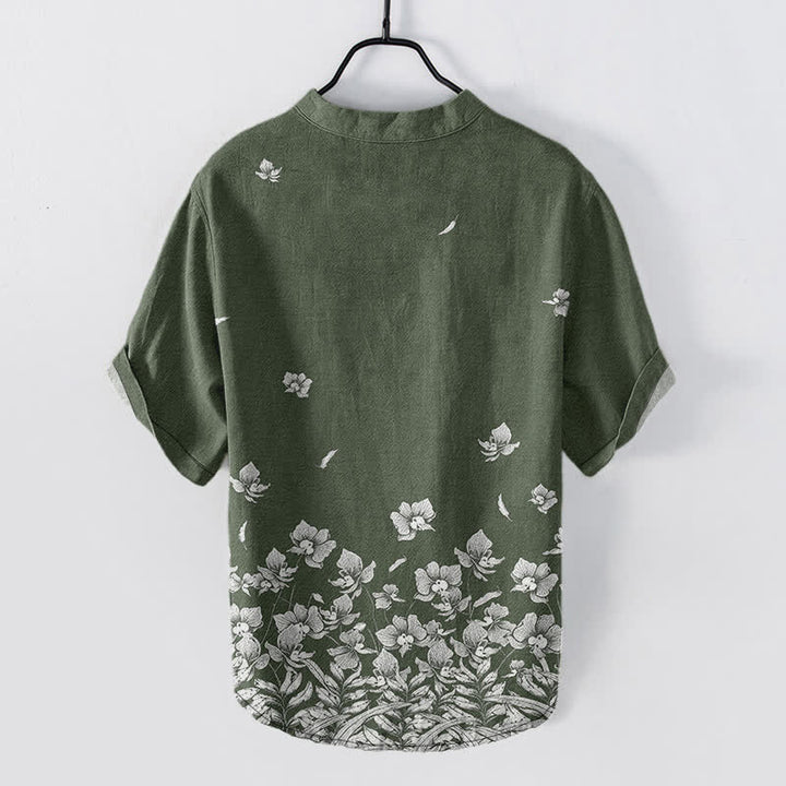 Buddha Stones Chemise à manches courtes et demi-boutonnée pour homme, en coton blanc à ourlet fleuri - image 8