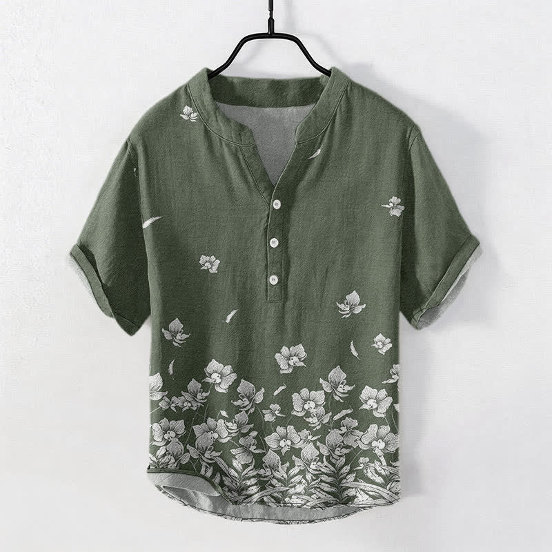 Buddha Stones Chemise à manches courtes et demi-boutonnée pour homme, en coton blanc à ourlet fleuri - Vert olive foncé - US/UK/AU50，EU60 (5XL) - image 7