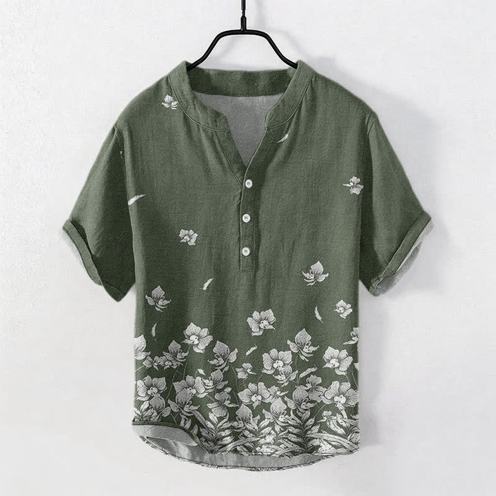 Buddha Stones Chemise à manches courtes et demi-boutonnée pour homme, en coton blanc à ourlet fleuri - Vert olive foncé - US/UK/AU50，EU60 (5XL) - image 7
