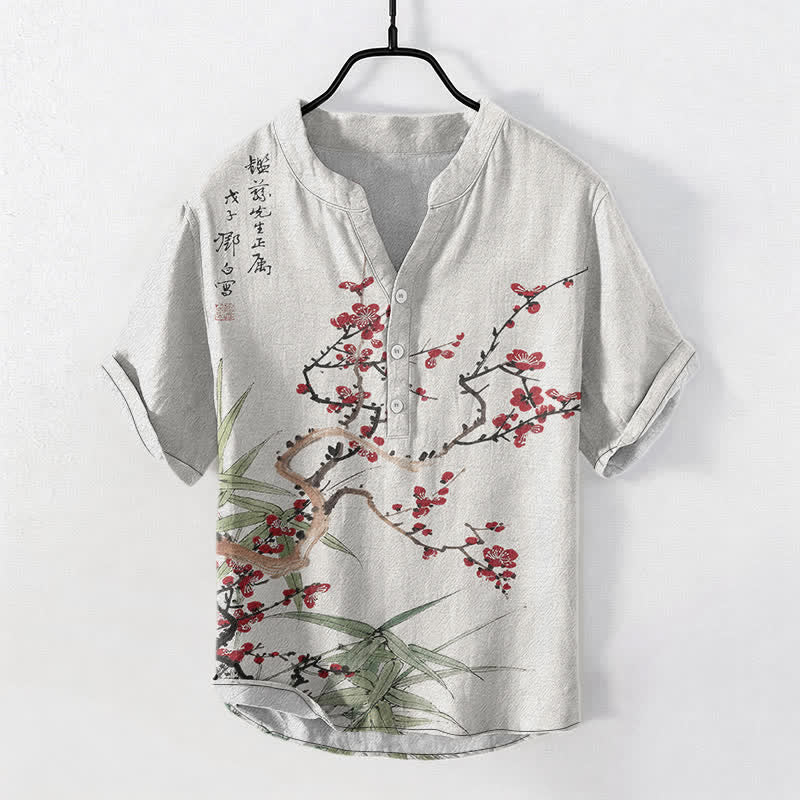 Buddha Stones Chemise homme à manches courtes, demi-boutonnée, en coton à motif de fleurs de prunier et de bambou - Blanc - US/UK/AU50，EU60 (5XL) - image 0