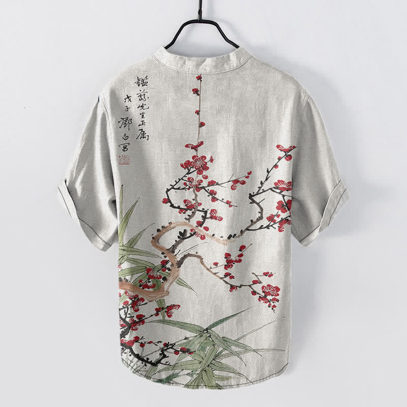 Buddha Stones Chemise homme à manches courtes, demi-boutonnée, en coton à motif de fleurs de prunier et de bambou - image 1