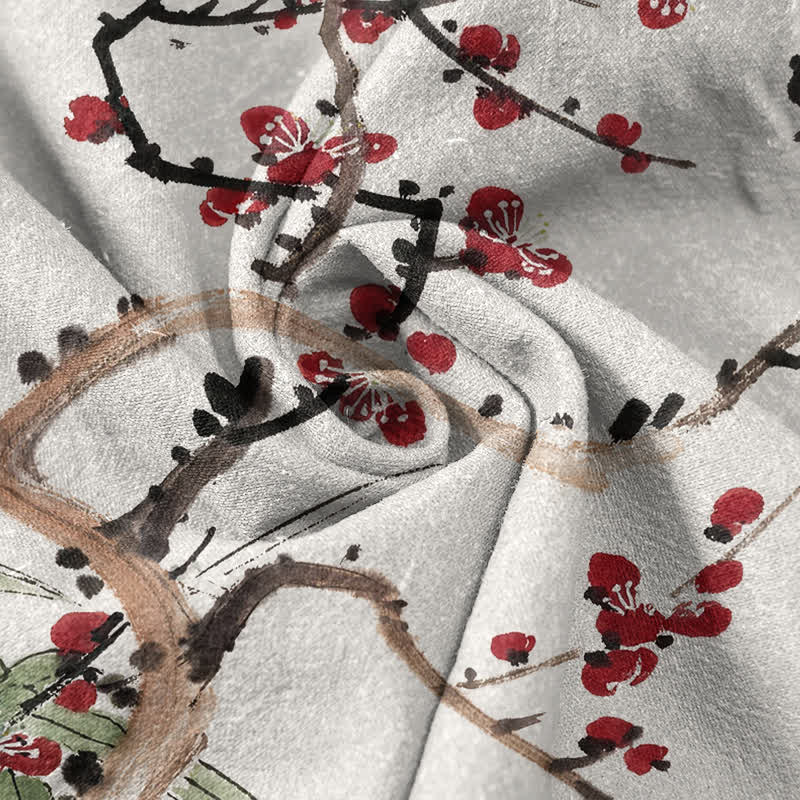 Buddha Stones Chemise homme à manches courtes, demi-boutonnée, en coton à motif de fleurs de prunier et de bambou - image 4