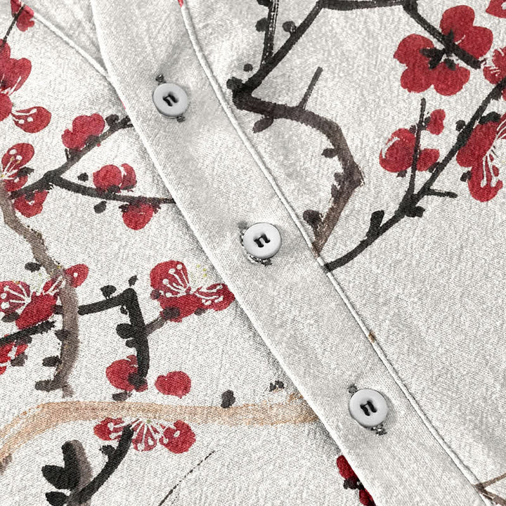 Buddha Stones Chemise homme à manches courtes, demi-boutonnée, en coton à motif de fleurs de prunier et de bambou - image 3