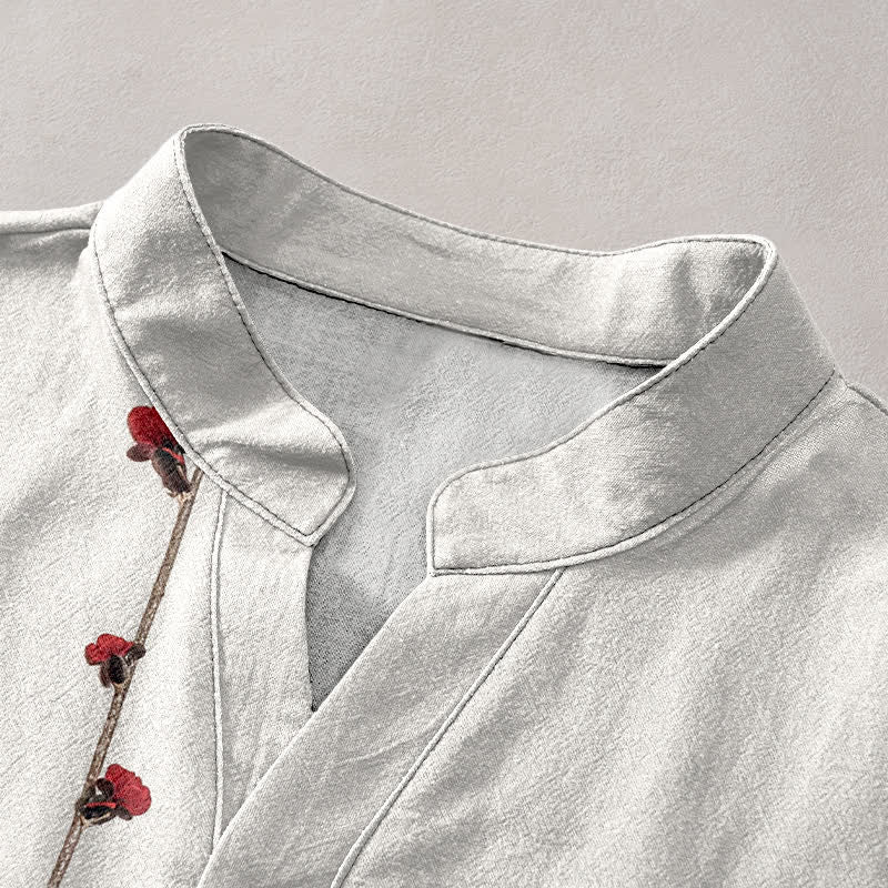 Buddha Stones Chemise homme à manches courtes, demi-boutonnée, en coton à motif de fleurs de prunier et de bambou - image 2