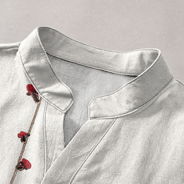 Buddha Stones Chemise homme à manches courtes, demi-boutonnée, en coton à motif de fleurs de prunier et de bambou - image 2