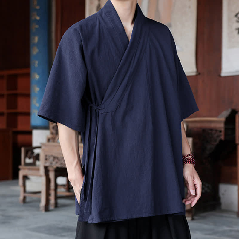 Buddha Stones Chemise d'été minimaliste à manches courtes et col en V fendu sur le côté, avec poche, style Tang, pour homme - image 1