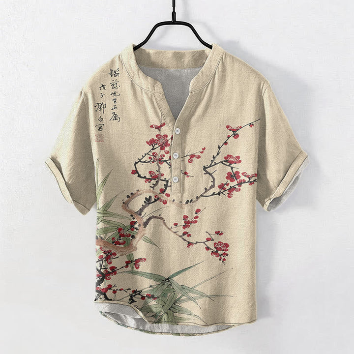 Buddha Stones Chemise homme à manches courtes, demi-boutonnée, en coton à motif de fleurs de prunier et de bambou - Lin - US/UK/AU50，EU60 (5XL) - image 5