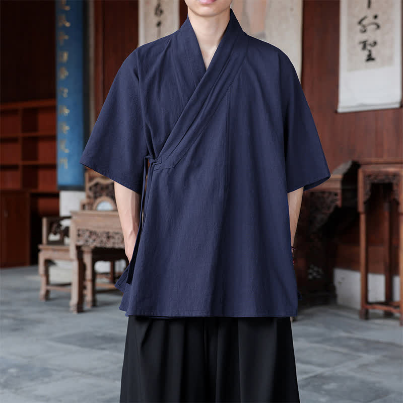Buddha Stones Chemise d'été minimaliste à manches courtes et col en V fendu sur le côté, avec poche, style Tang, pour homme - Marine - US/UK/AU46, EU56 (5XL) - image 0