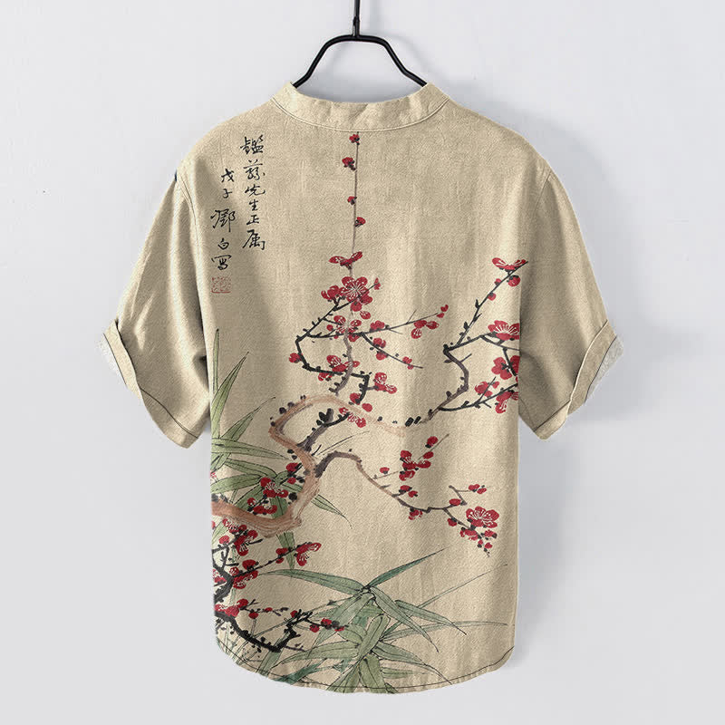 Buddha Stones Chemise homme à manches courtes, demi-boutonnée, en coton à motif de fleurs de prunier et de bambou - image 6