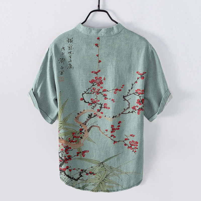 Buddha Stones Chemise homme à manches courtes, demi-boutonnée, en coton à motif de fleurs de prunier et de bambou - image 8