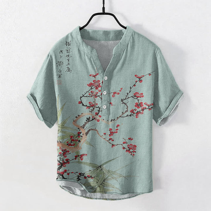 Buddha Stones Chemise homme à manches courtes, demi-boutonnée, en coton à motif de fleurs de prunier et de bambou - Turquoise - US/UK/AU50，EU60 (5XL) - image 7