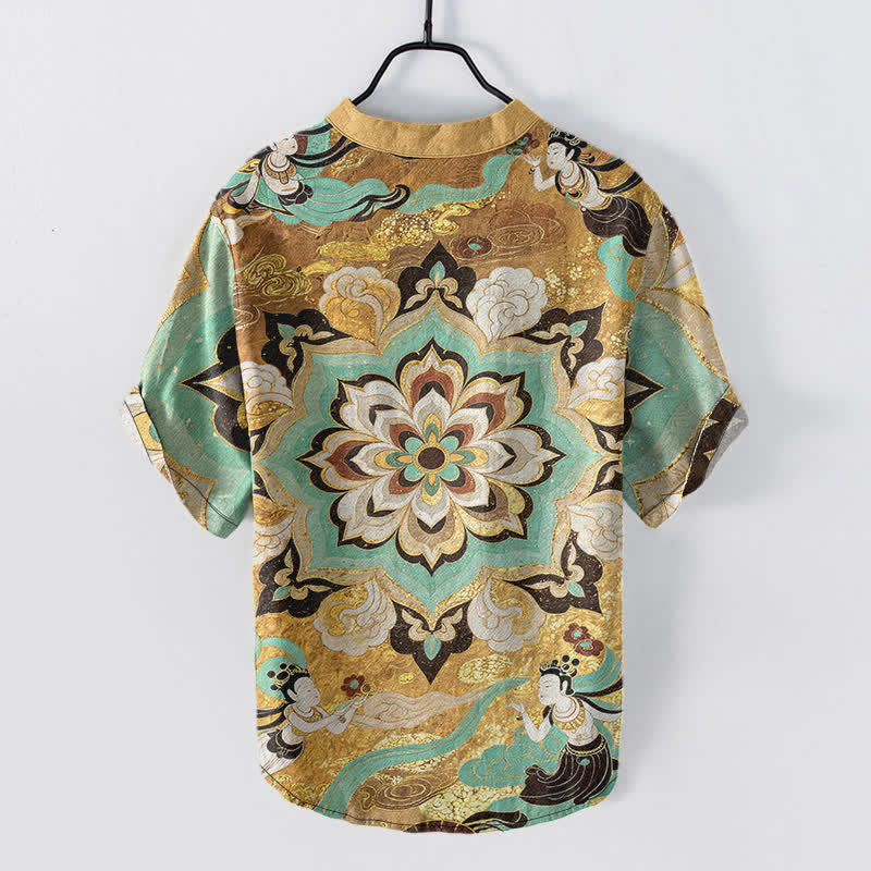 Buddha Stones Chemise homme à manches courtes et demi-boutonnages, motif mandala lotus en coton - image 1