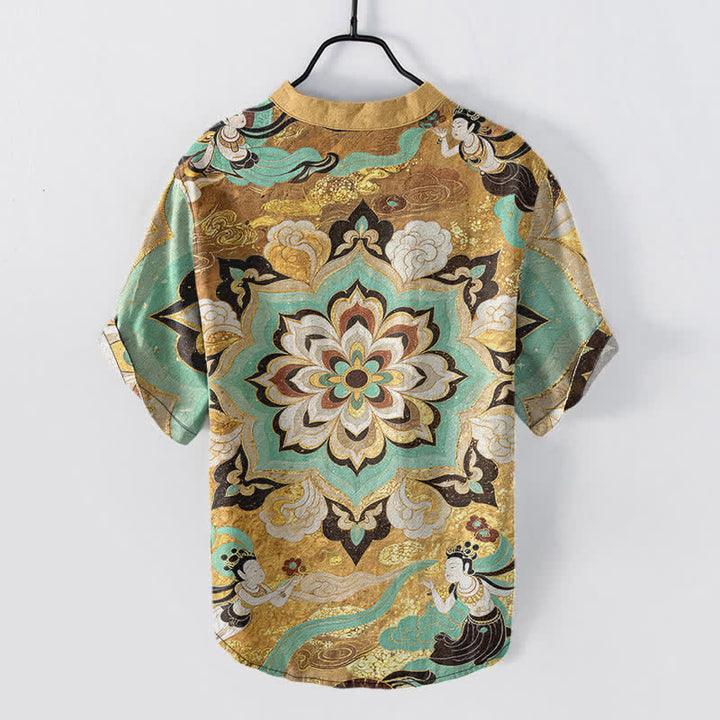 Buddha Stones Chemise homme à manches courtes et demi-boutonnages, motif mandala lotus en coton - image 1