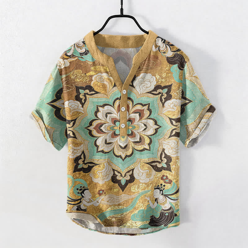 Buddha Stones Chemise homme à manches courtes et demi-boutonnages, motif mandala lotus en coton - Or - US/UK/AU50，EU60 (5XL) - image 0