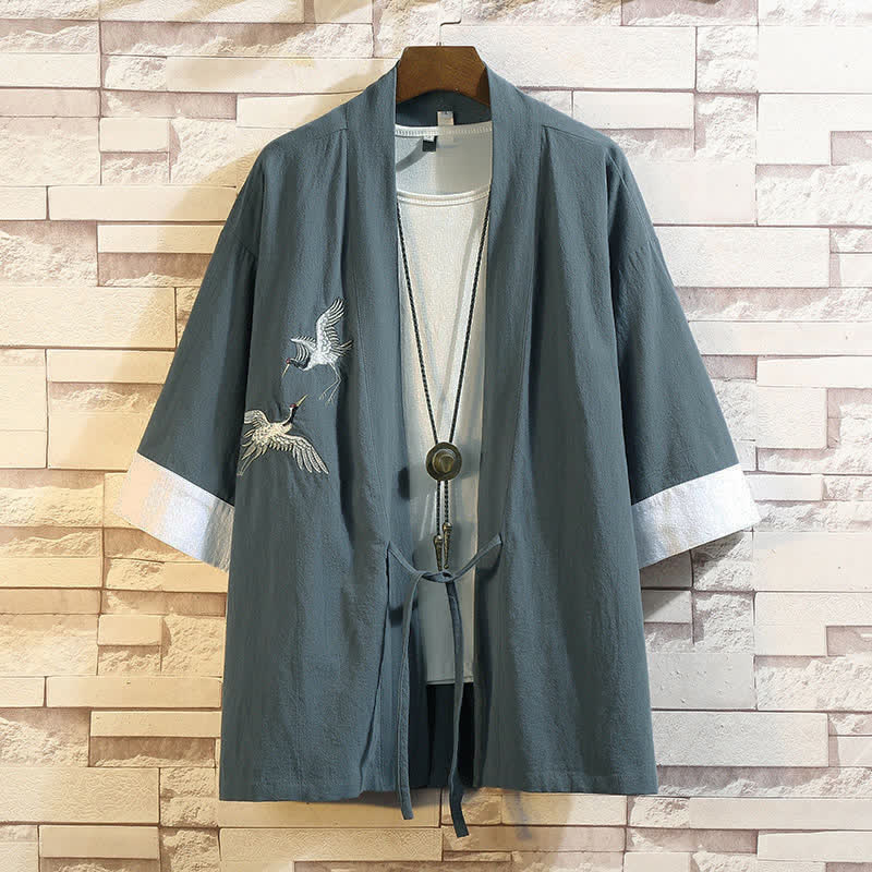 Buddha Stones Kimono homme à manches 3/4, style vintage décontracté, brodé de grues, idéal pour le printemps et l'été. - CadetBlue Grue Blanche - US/UK/AU46, EU56 (5XL) - image 0