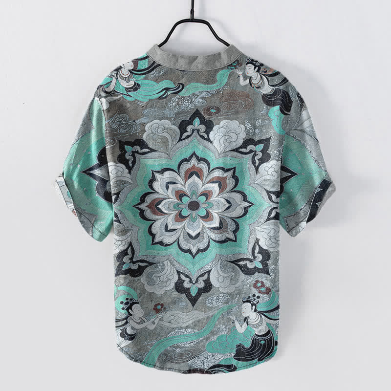 Buddha Stones Chemise homme à manches courtes et demi-boutonnages, motif mandala lotus en coton - image 6