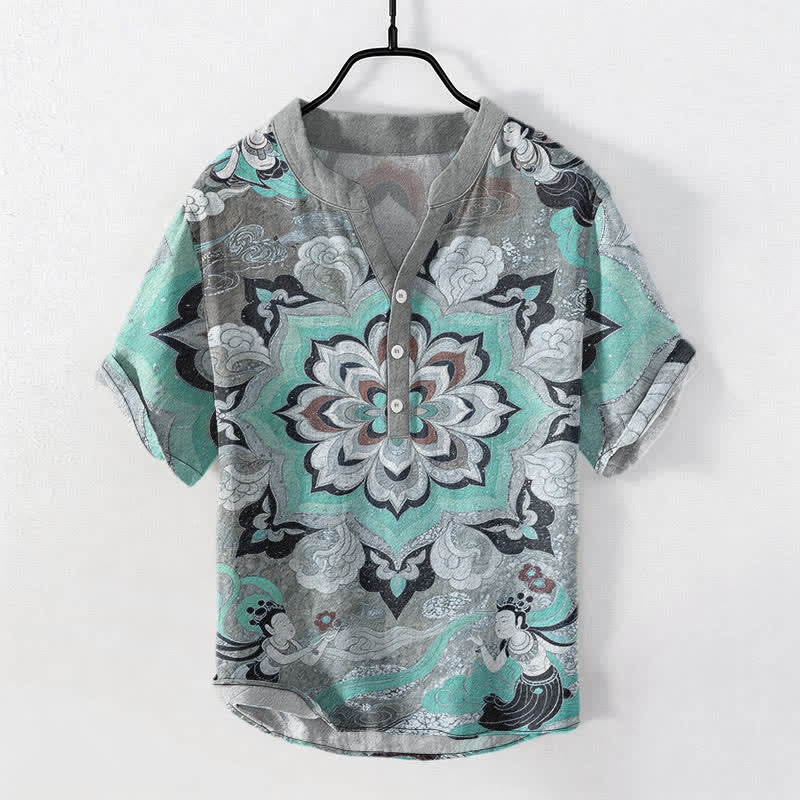 Buddha Stones Chemise homme à manches courtes et demi-boutonnages, motif mandala lotus en coton - Turquoise - US/UK/AU50，EU60 (5XL) - image 5