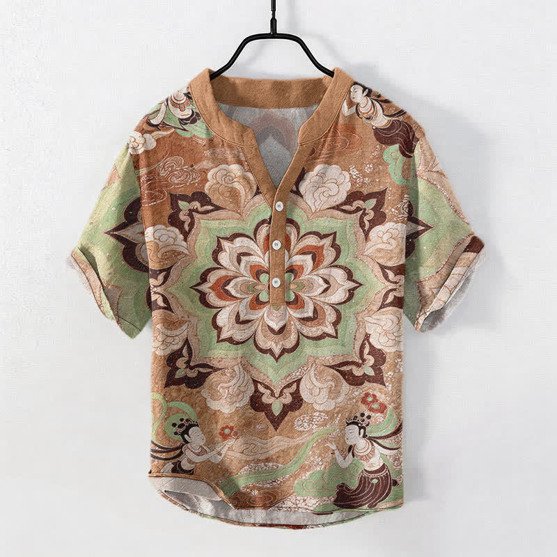 Buddha Stones Chemise homme à manches courtes et demi-boutonnages, motif mandala lotus en coton - BurlyWood - US/UK/AU50，EU60 (5XL) - image 7
