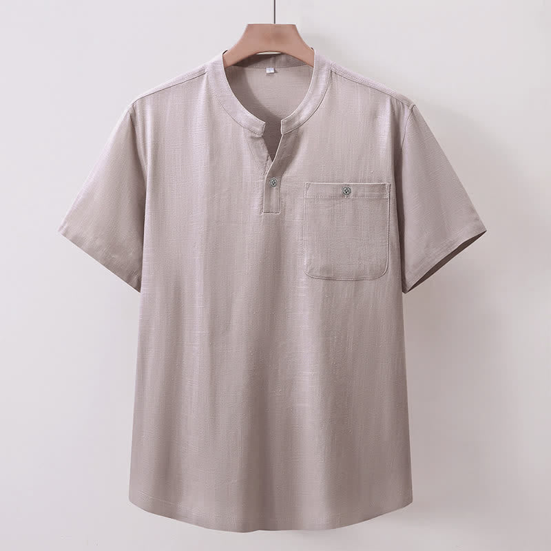 Buddha Stones Chemise d'été décontractée pour homme, style Tang, col mandarin, en coton et lin uni, manches courtes et poches - Gris clair - US/UK/AU46, EU56 (5XL) - image 1