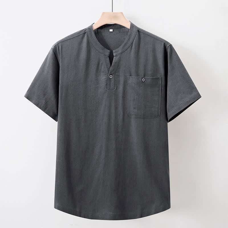 Buddha Stones Chemise d'été décontractée pour homme, style Tang, col mandarin, en coton et lin uni, manches courtes et poches - Gris sombre - US/UK/AU46, EU56 (5XL) - image 0