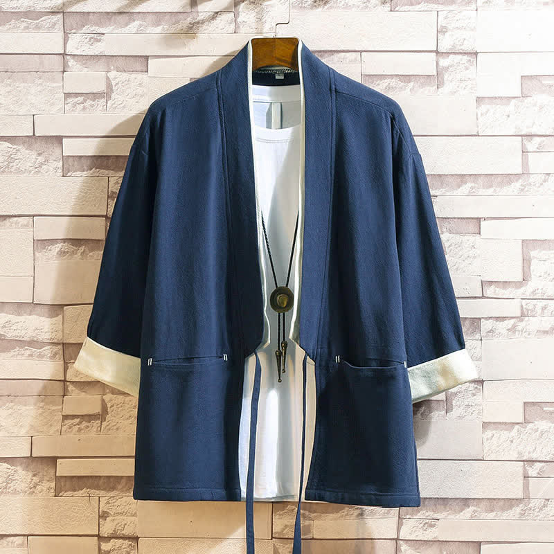 Buddha Stones Kimono homme printemps-été décontracté et minimaliste, uni, manches trois-quarts, avec poches - SteelBlue - US/UK/AU46, EU56 (5XL) - image 0