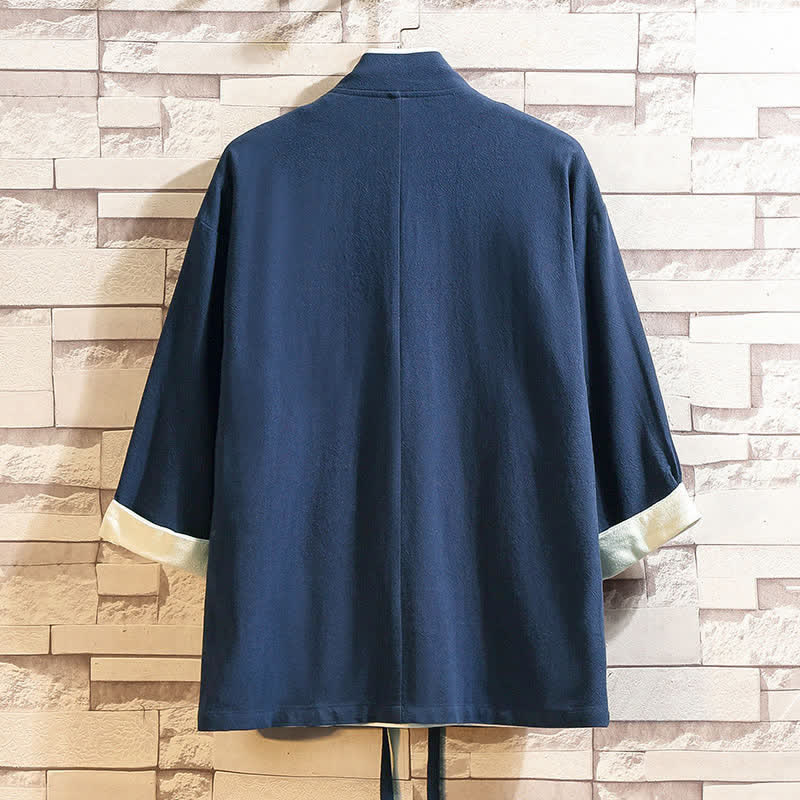 Buddha Stones Kimono homme printemps-été décontracté et minimaliste, uni, manches trois-quarts, avec poches - image 1