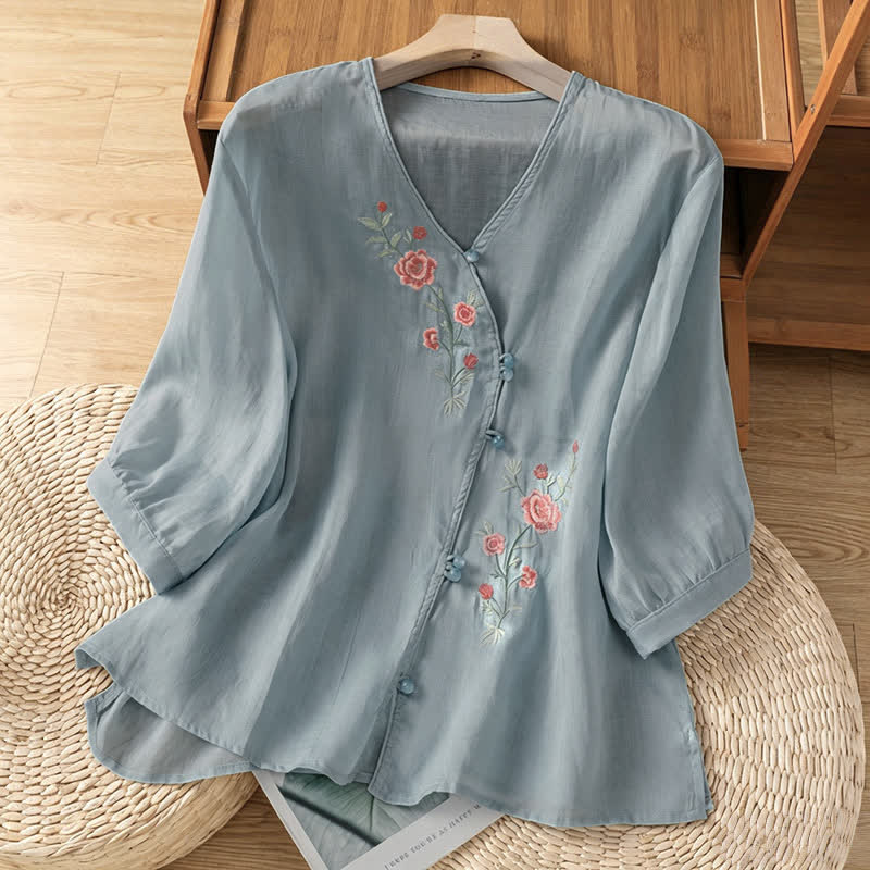 Buddha Stones Chemises à manches 3/4 pour femmes, style Tang, broderie florale vintage, été - Bleu poudré - US8-10, UK/AU12-14, EU40-42 (2XL) - image 0