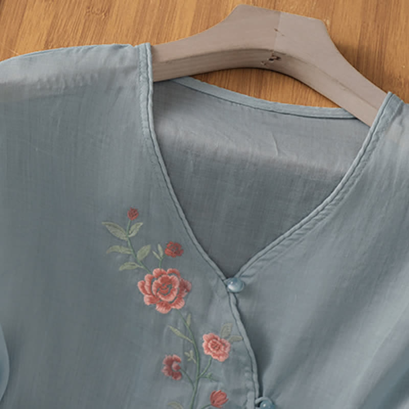 Buddha Stones Chemises à manches 3/4 pour femmes, style Tang, broderie florale vintage, été - image 1
