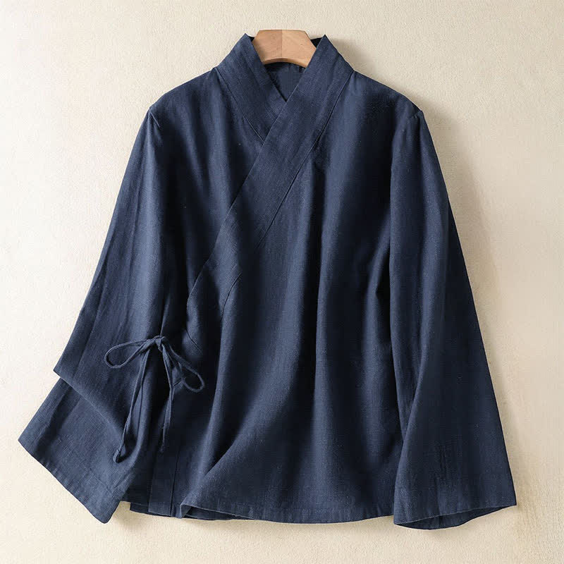 Buddha Stones Chemises à manches longues pour femmes, style décontracté printemps-été, col en V, cordon de serrage, couleur unie - Bleu nuit - US12, UK/AU16, EU44 (3XL) - image 0