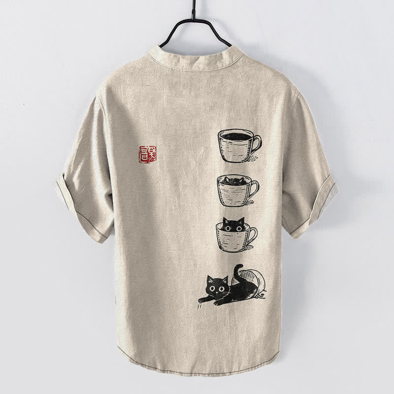 Buddha Stones Chemise homme à manches courtes et demi-boutonnages, motif chat et bonnets superposés en coton - image 1