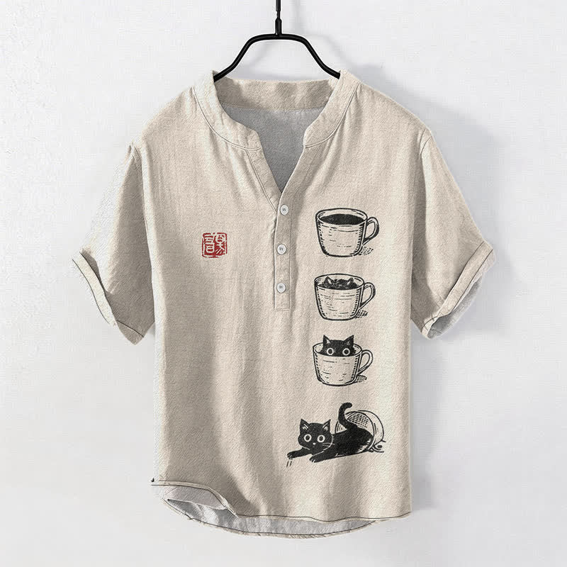 Buddha Stones Chemise homme à manches courtes et demi-boutonnages, motif chat et bonnets superposés en coton - Beige - US/UK/AU50，EU60 (5XL) - image 0