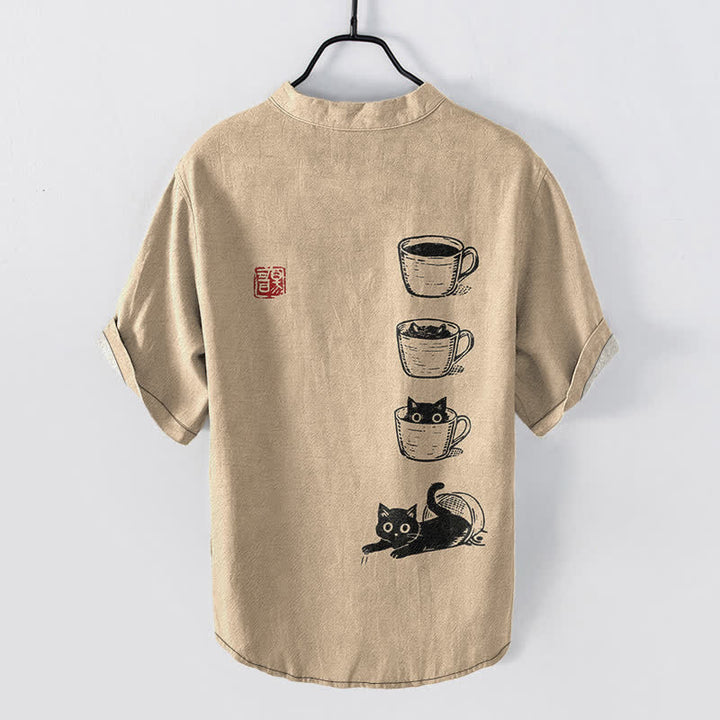 Buddha Stones Chemise homme à manches courtes et demi-boutonnages, motif chat et bonnets superposés en coton - image 6