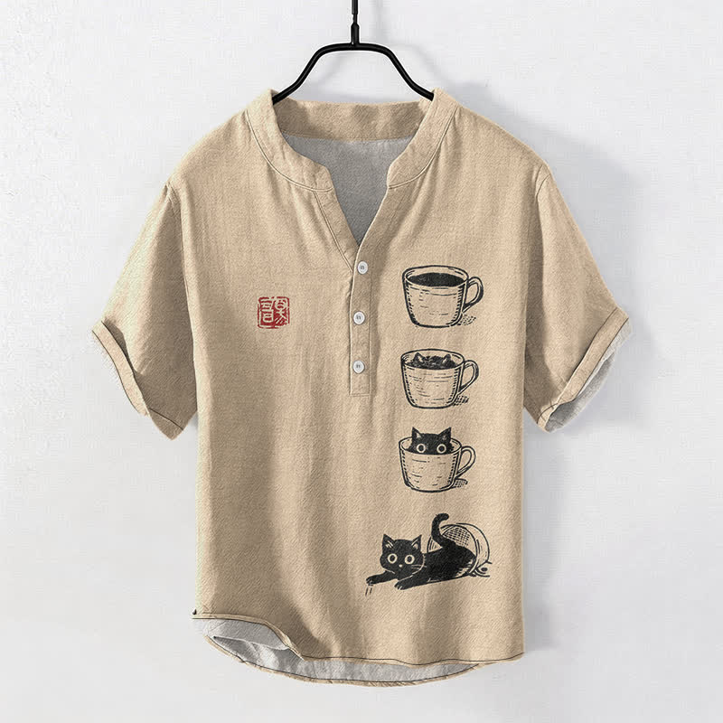 Buddha Stones Chemise homme à manches courtes et demi-boutonnages, motif chat et bonnets superposés en coton - Tanné - US/UK/AU50，EU60 (5XL) - image 5