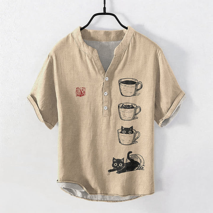 Buddha Stones Chemise homme à manches courtes et demi-boutonnages, motif chat et bonnets superposés en coton - Tanné - US/UK/AU50，EU60 (5XL) - image 5