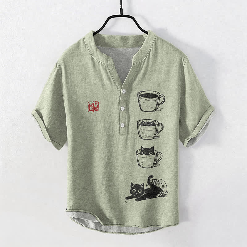 Buddha Stones Chemise homme à manches courtes et demi-boutonnages, motif chat et bonnets superposés en coton - Vert foncé - US/UK/AU50，EU60 (5XL) - image 7
