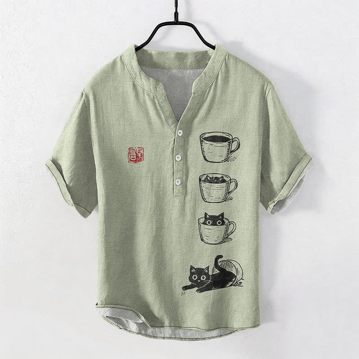 Buddha Stones Chemise homme à manches courtes et demi-boutonnages, motif chat et bonnets superposés en coton - Vert foncé - US/UK/AU50，EU60 (5XL) - image 7