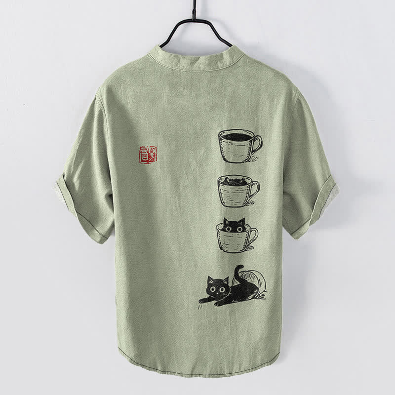 Buddha Stones Chemise homme à manches courtes et demi-boutonnages, motif chat et bonnets superposés en coton - image 8