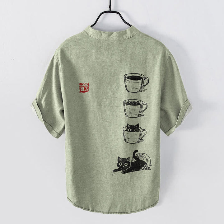Buddha Stones Chemise homme à manches courtes et demi-boutonnages, motif chat et bonnets superposés en coton - image 8