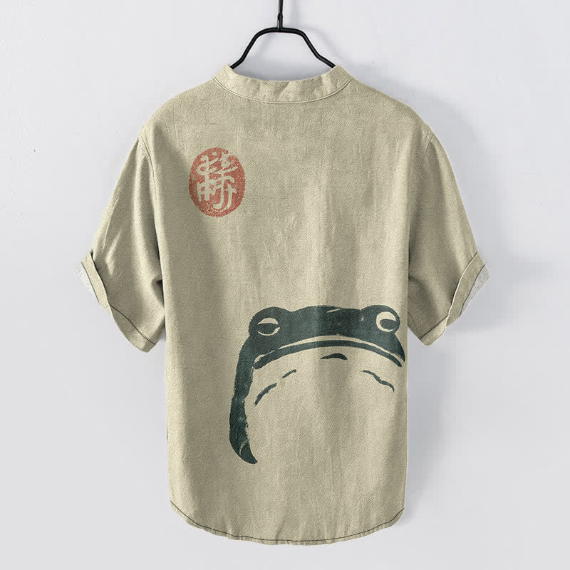 Buddha Stones Chemise homme à manches courtes et demi-boutons en coton à motif grenouille vintage - image 1