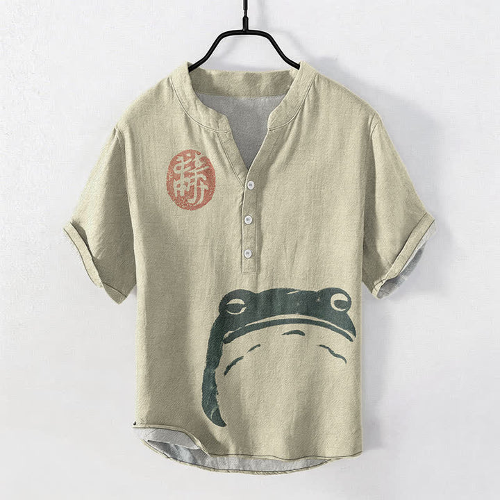 Buddha Stones Chemise homme à manches courtes et demi-boutons en coton à motif grenouille vintage - Beige - US/UK/AU50，EU60 (5XL) - image 0