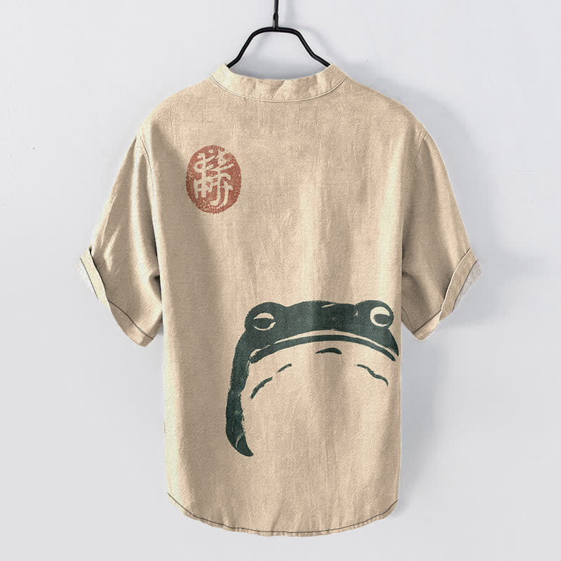 Buddha Stones Chemise homme à manches courtes et demi-boutons en coton à motif grenouille vintage - image 6