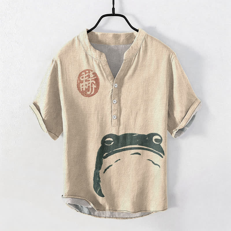 Buddha Stones Chemise homme à manches courtes et demi-boutons en coton à motif grenouille vintage - Blé - US/UK/AU50，EU60 (5XL) - image 5