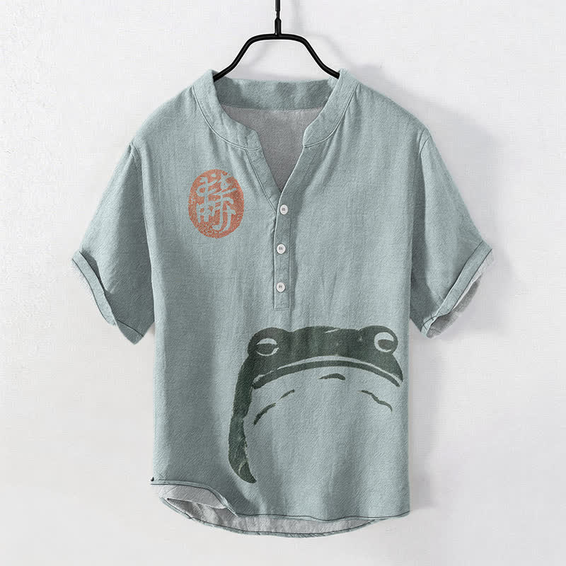 Buddha Stones Chemise homme à manches courtes et demi-boutons en coton à motif grenouille vintage - CadetBlue - US/UK/AU50，EU60 (5XL) - image 7