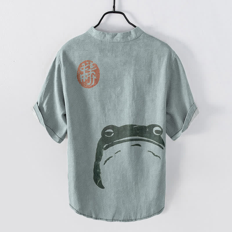 Buddha Stones Chemise homme à manches courtes et demi-boutons en coton à motif grenouille vintage - image 8