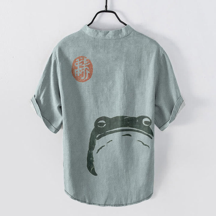 Buddha Stones Chemise homme à manches courtes et demi-boutons en coton à motif grenouille vintage - image 8