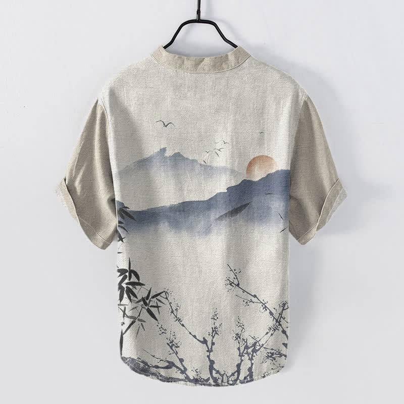 Buddha Stones Chemise à manches courtes pour homme, motif soleil et montagne, encre de coton - image 1