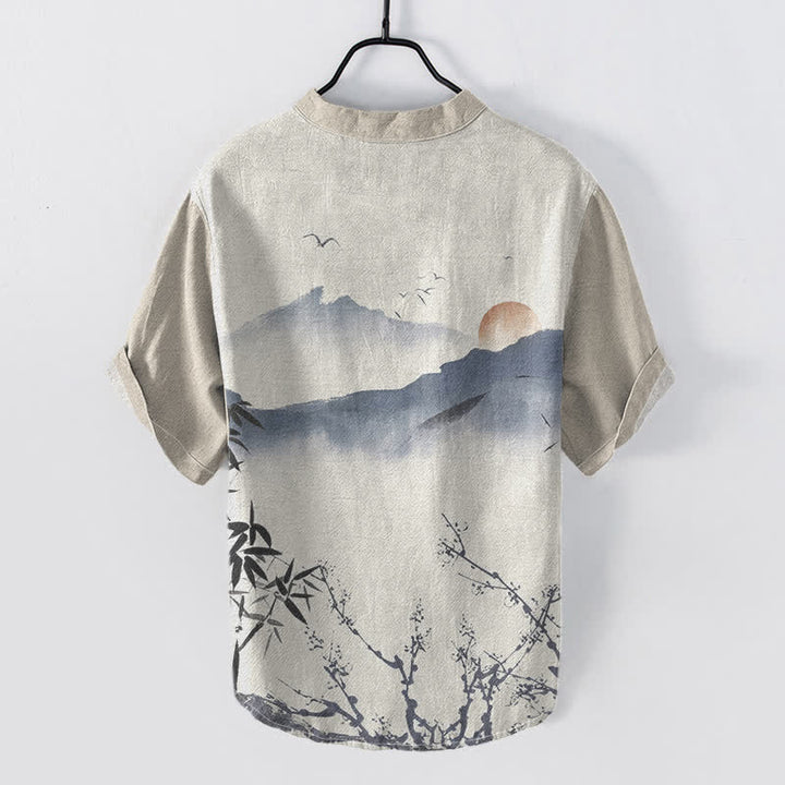 Buddha Stones Chemise à manches courtes pour homme, motif soleil et montagne, encre de coton - image 1