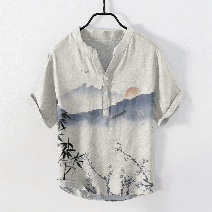 Buddha Stones Chemise à manches courtes pour homme, motif soleil et montagne, encre de coton - Beige - US/UK/AU50，EU60 (5XL) - image 0