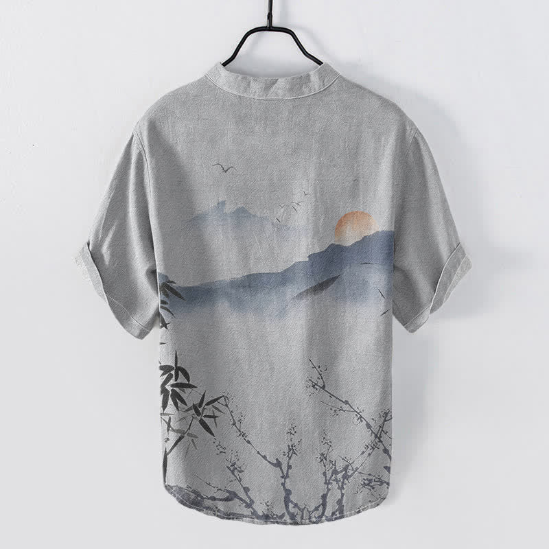 Buddha Stones Chemise à manches courtes pour homme, motif soleil et montagne, encre de coton - image 6